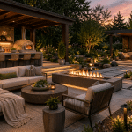Luxurious outdoor lounge at dusk with a rectangular fire pit, beige sectional seating, and a wood‑paneled outdoor kitchen under a pergola.