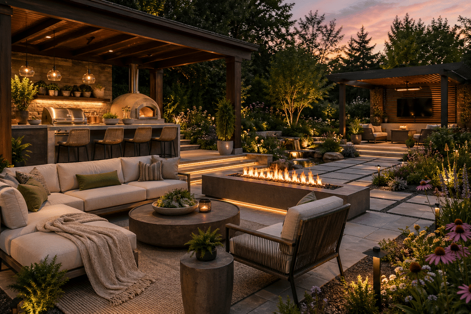 Luxurious outdoor lounge at dusk with a rectangular fire pit, beige sectional seating, and a wood‑paneled outdoor kitchen under a pergola.