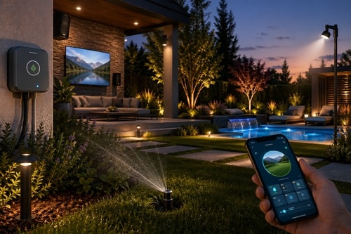 Smart technology integrated into backyard outdoor living spaces