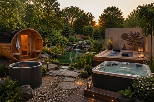 Outdoor wellness spaces including saunas and plunge pools