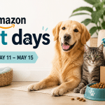 Amazon pet days banner featuring a golden retriever and a cat with pet supplies and a food bowl in a cozy home setting, May 11–15