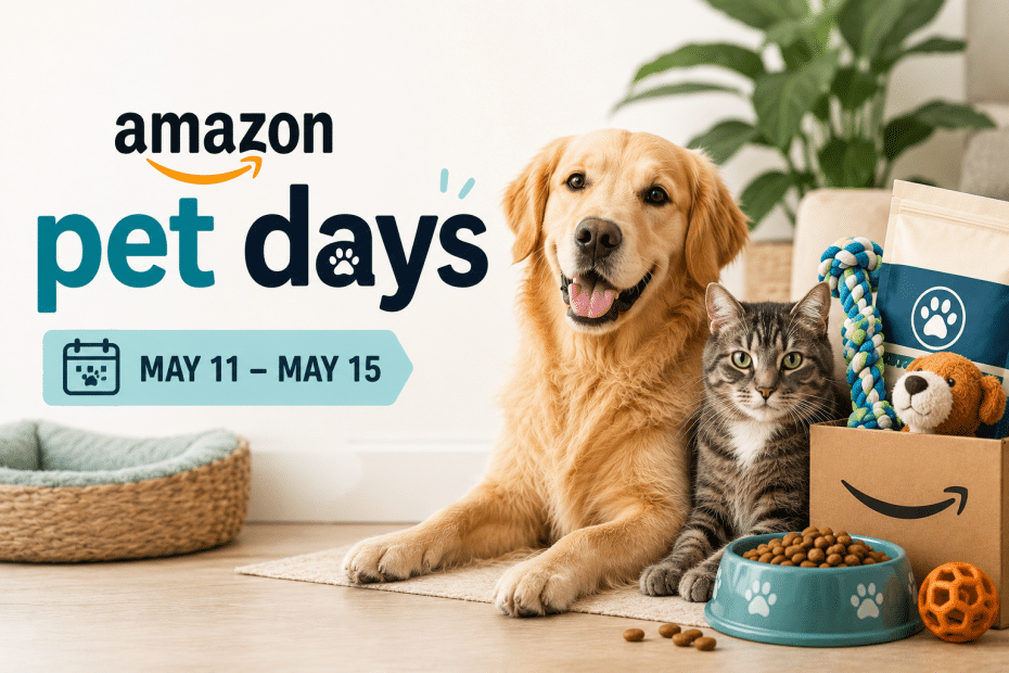 Amazon pet days banner featuring a golden retriever and a cat with pet supplies and a food bowl in a cozy home setting, May 11–15